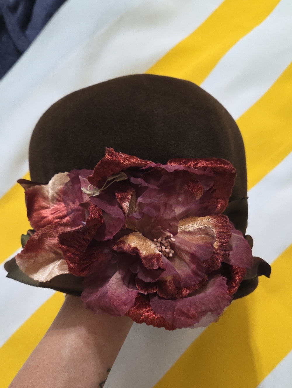 Brown Felt Women's Cloche Hat with Burgundy Floral Trim